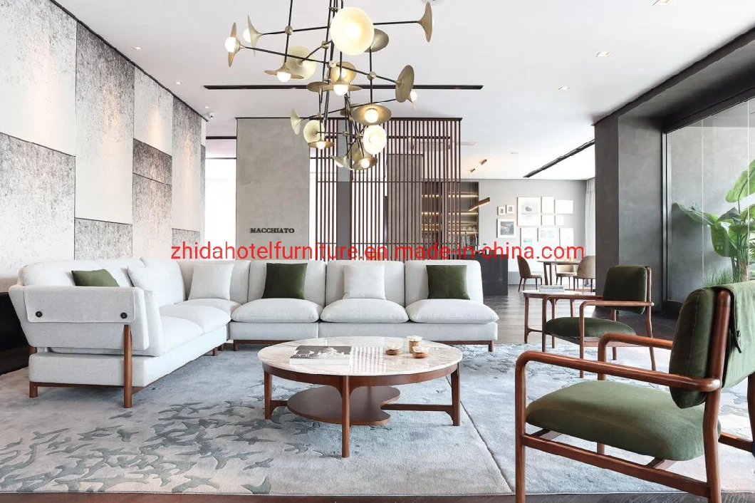 L Shape Living Room Walnut Fabric Home Hotel Lobby Bedroom Furniture Sofa Set