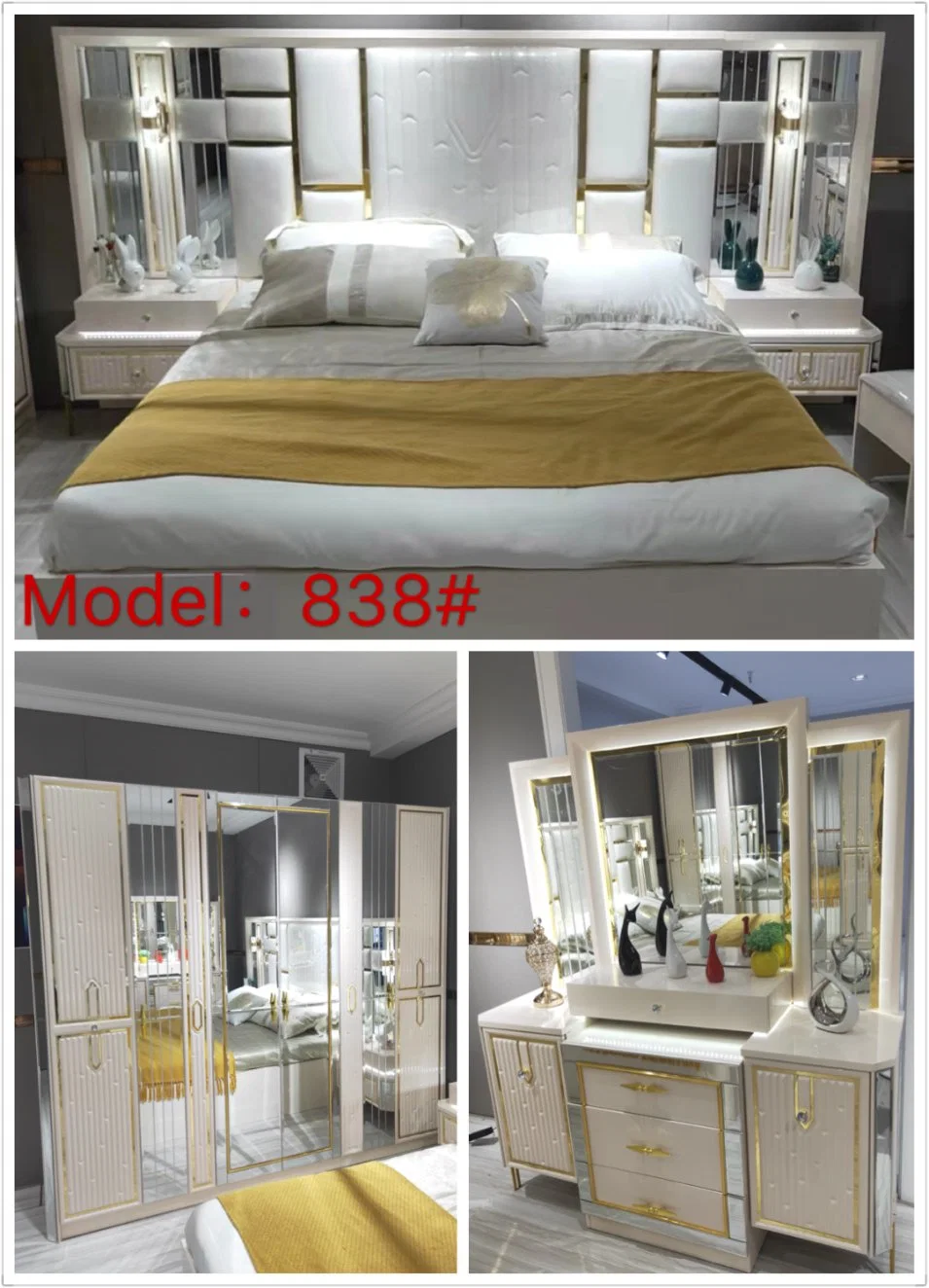 Mirrored Solid Wooden Luxury Modern Beds Furniture King Size Soft Storage Cabinet Queen Suite Bedroom Home Furnitures