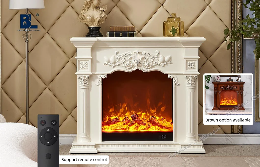 White Modern Freestanding Solid Wooden Resin Carving Home Electric Fireplace Corner Mantel Dining/Bedroom/Hotel Living Room Furniture for Decoration