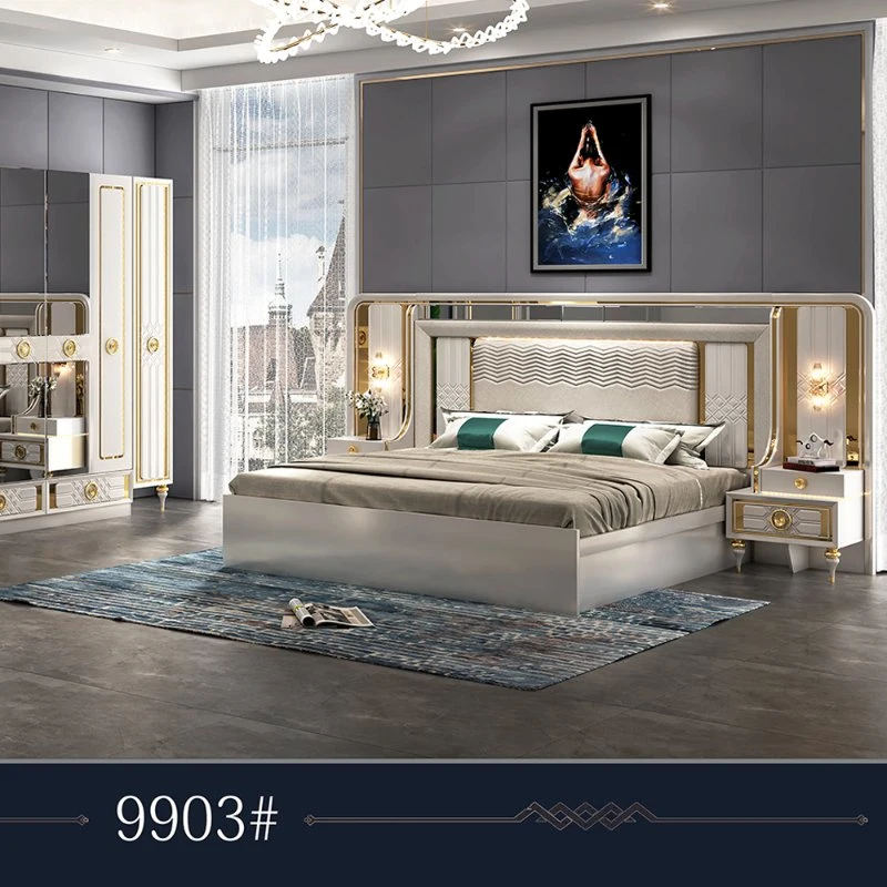 9015 Latest Modern Hotel Bedroom Furniture Set King Size Bed Set with Sliding Wardrobe and Make up Table 5 Pieces Set for Home