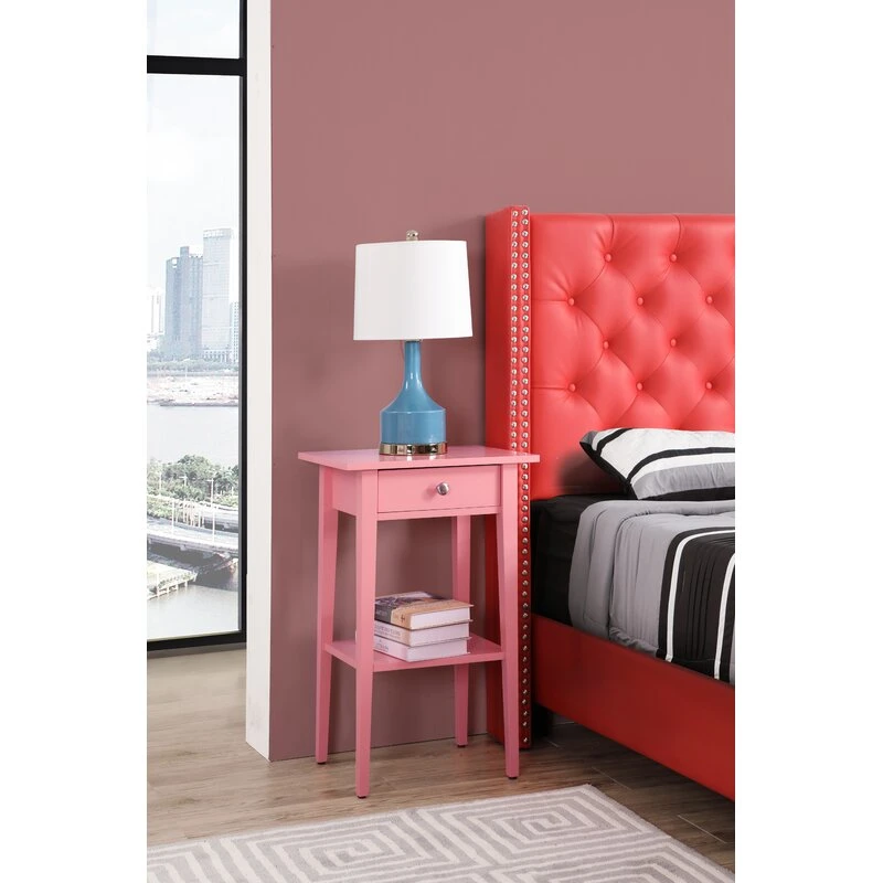Mirrored Furniture Pink Bedside Table Wooden 1 Drawer Nightstand End Table Bedroom Furniture