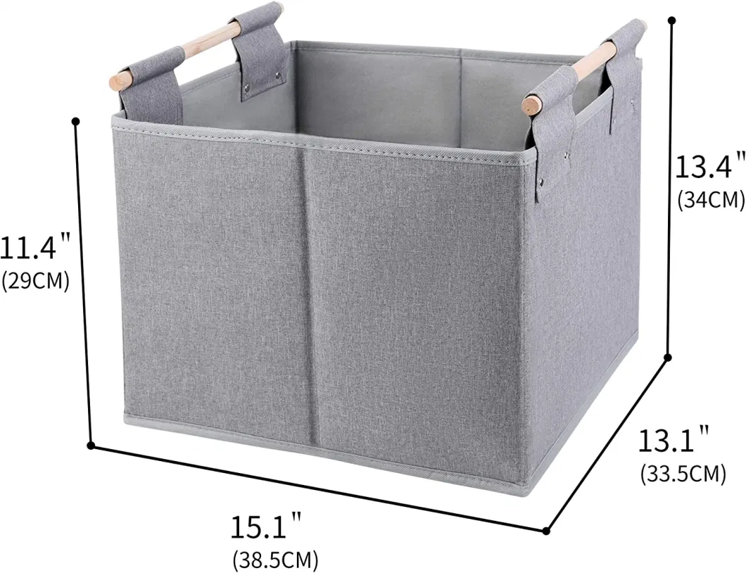 Large Foldable Storage Bins, Linen Fabric, 2 Pack, with Wooden Carry Handles