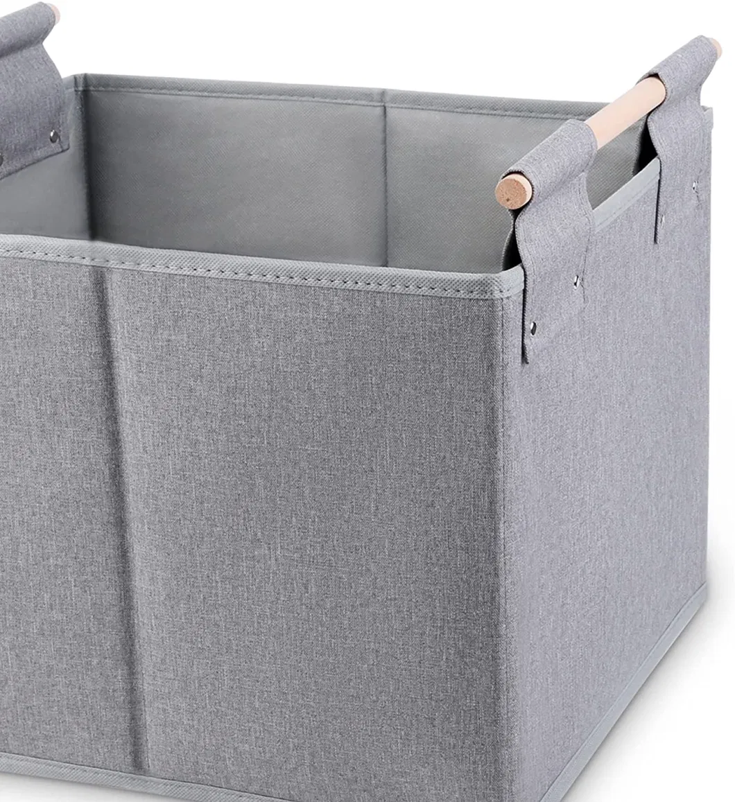 Large Foldable Storage Bins, Linen Fabric, 2 Pack, with Wooden Carry Handles
