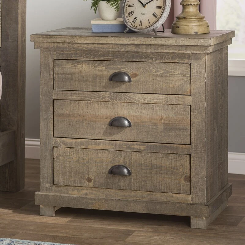 Mirrored Furniture Weathered Gray Bedside Table Wooden 3 Drawer Nightstand End Table Bedroom Furniture