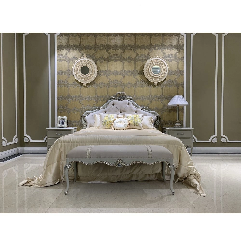 French Style Luxury Fabric Bed European Design Wooden Carved Sleeping Furniture for Master Bedroom
