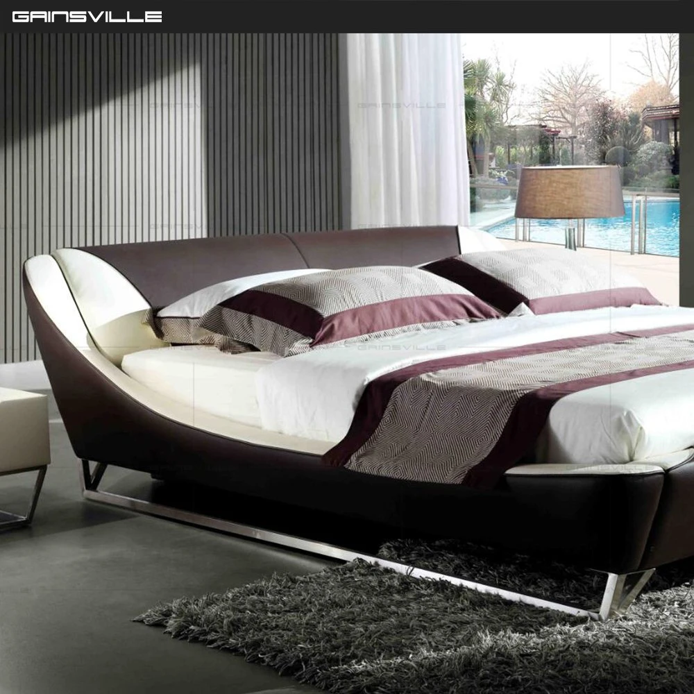 Cream Brown Color Wooden Furniture Bedroom Furniture Set PU Leather Upholstered King Bed