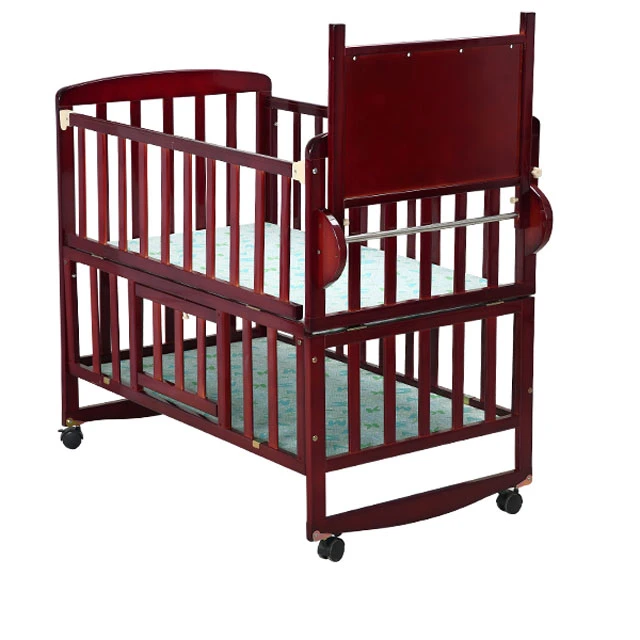 Modern Baby Bedroom Bedside Crib Attached to Adult Bed Wooden Cherry Color Baby Bed Cot