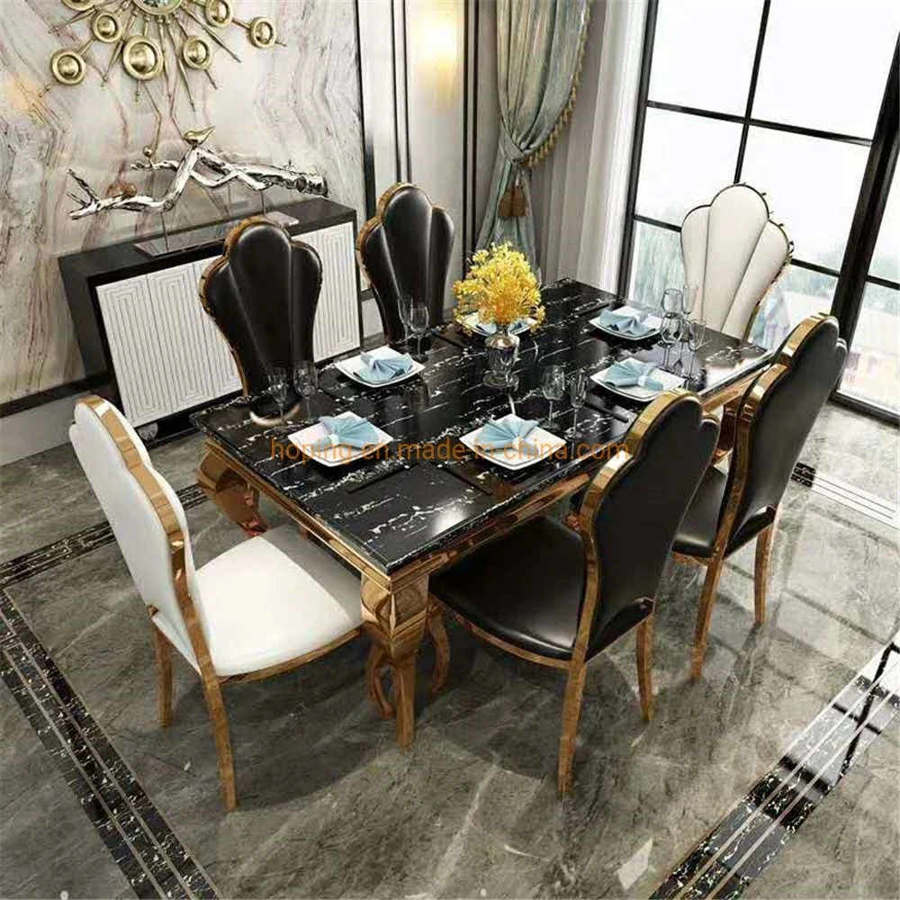 Living Room Furniture Outdoor Table Marble Top 1+6 Set White Round Stainless Steel Dining Table Set with Leather Chair for Wedding Banquet