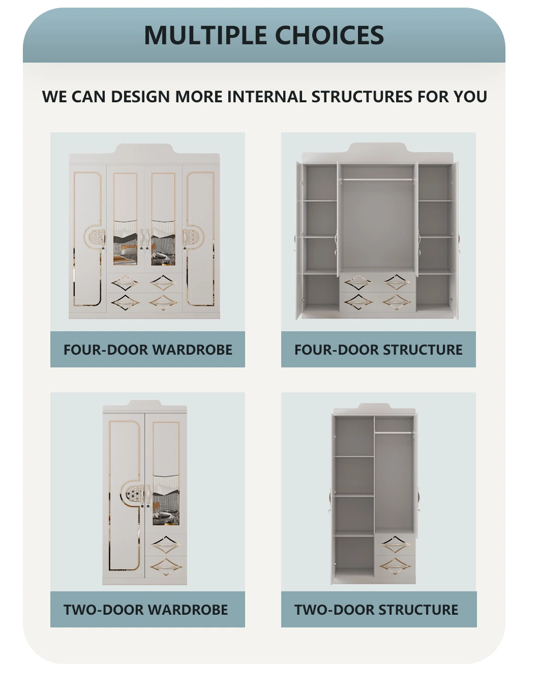 Home Bedroom Furniture Modern 3 Doors Mirrored PVC Wardrobe Dressing Table Designs with Light