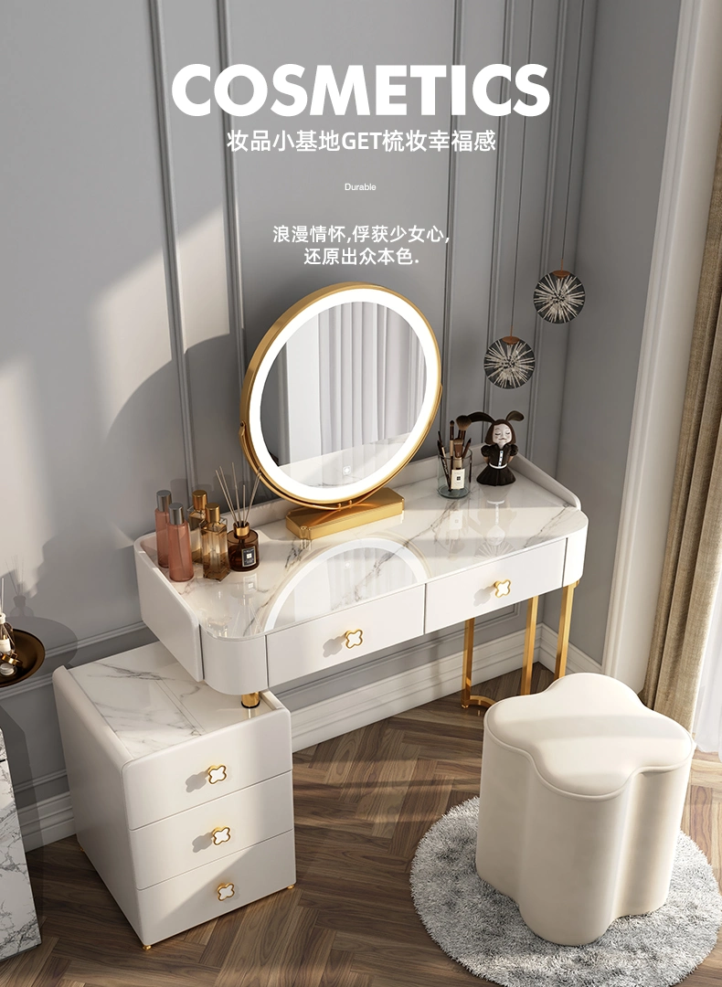 Modern Wood Vanity Home/Hotel Living Bedroom Furniture Makeup Dresser Nordic Dressing Table Set with Chair and LED Touch Screen Dimming Round Mirror