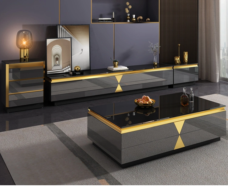 Modern Living Room Furniture Stainless Steel Mirror Glass Coffee Table and TV Stand Sets