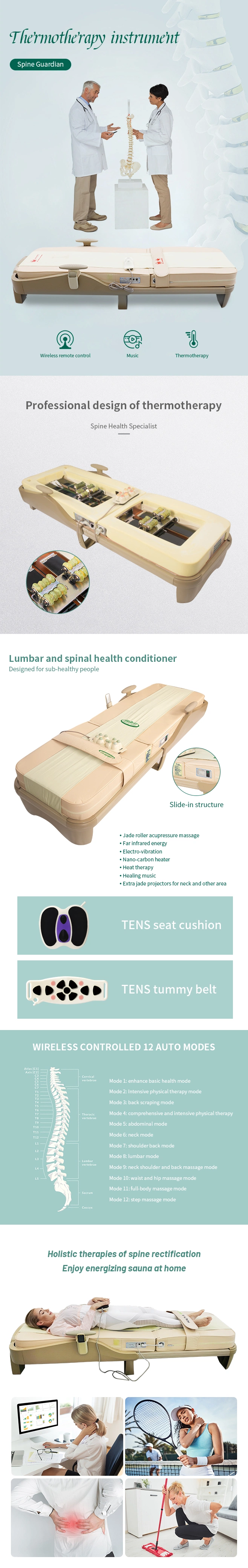 Wireless Auto Electrotherapy Physiotherapy Fir Jade Roller Spine Massage Bed for Home Use