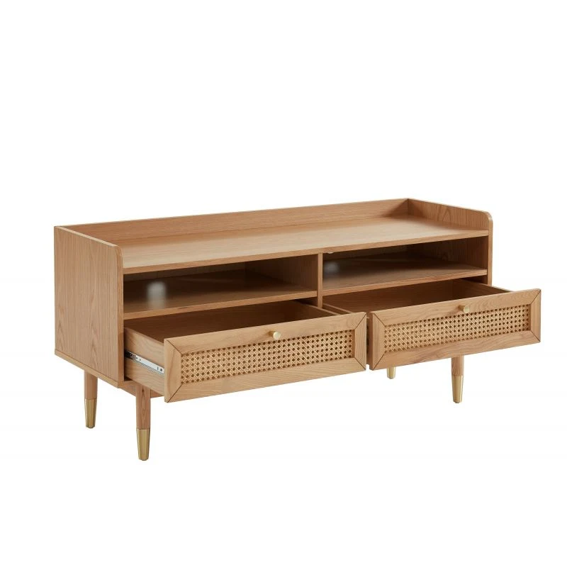 Nova Nordic Retro Living Room Wood Color Solid Natural Rattan Wooden TV Stand Furniture with 2 Drawers Cabinet