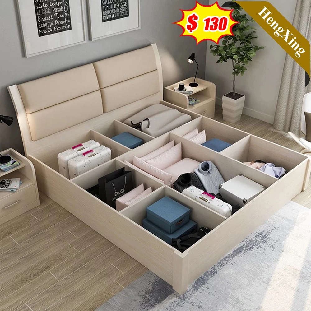 Nordic Style New Log Color Wooden MDF Bedroom Furniture Storage King Queen Size Bed