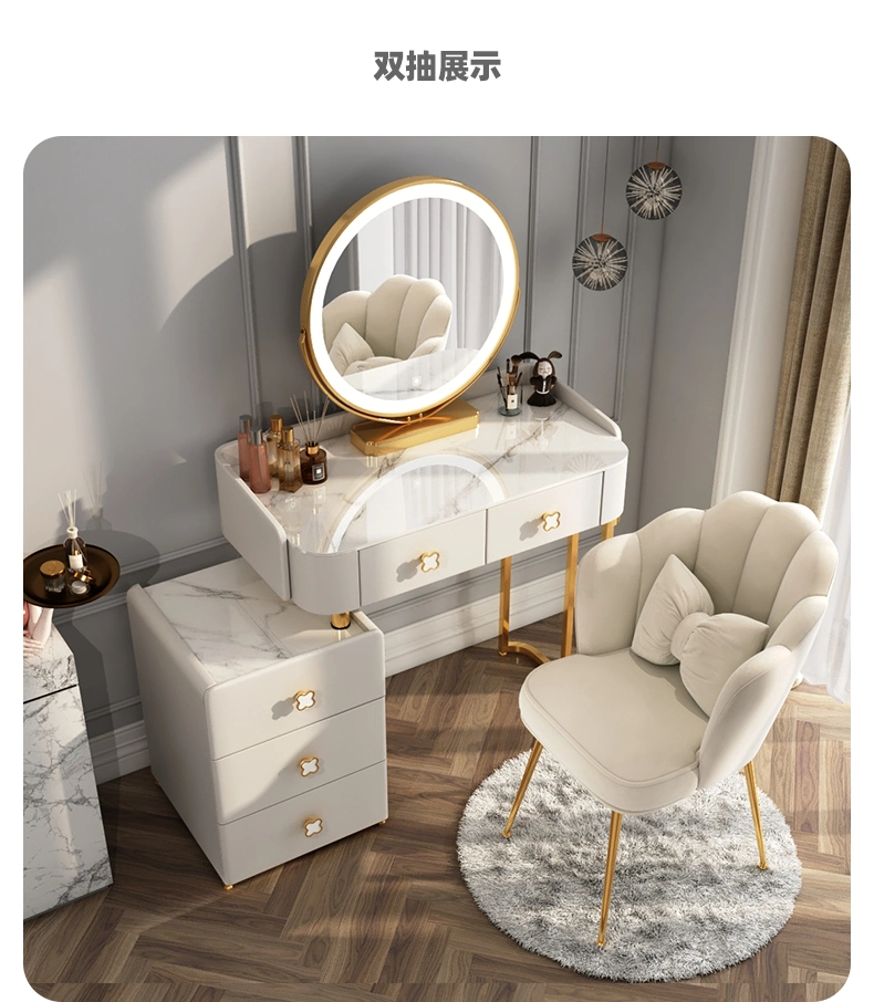 Modern Wood Vanity Home/Hotel Living Bedroom Furniture Makeup Dresser Nordic Dressing Table Set with Chair and LED Touch Screen Dimming Round Mirror