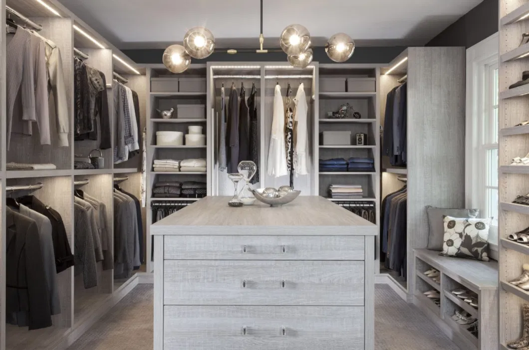 U-Shaped Modern Melamine Linen Cabinets Plywood Open Layerwalk in Closet Fitted Bedroom Wardrobe Design