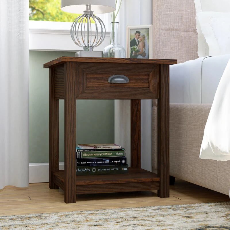 Mirrored Furniture Walnut Bedside Table Wooden Nightstand End Table Bedroom Furniture with 1 Drawer