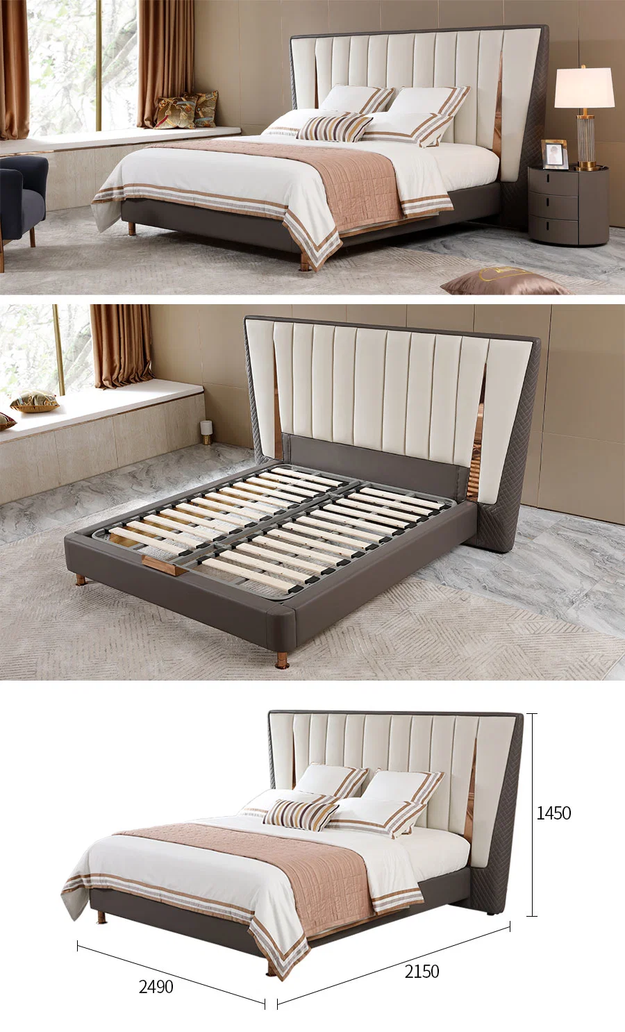 Luxury King Queen Size Full Set Leather Bed Frame Master Room 5 Star Hotel Modern Furniture Bedroom Set