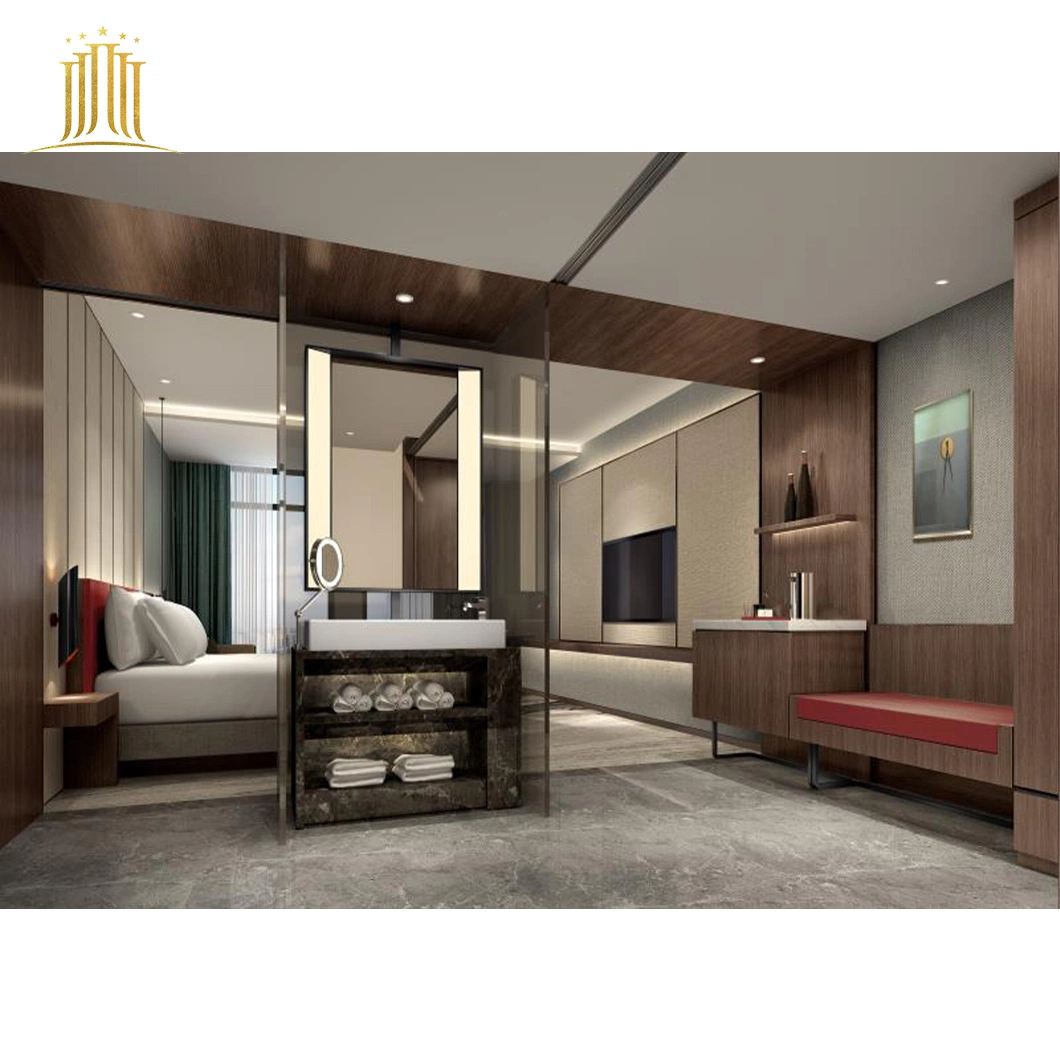 Modern Style Deep Color Warm Walnut Veneer Solid Wood Bedroom Furniture for Hotel