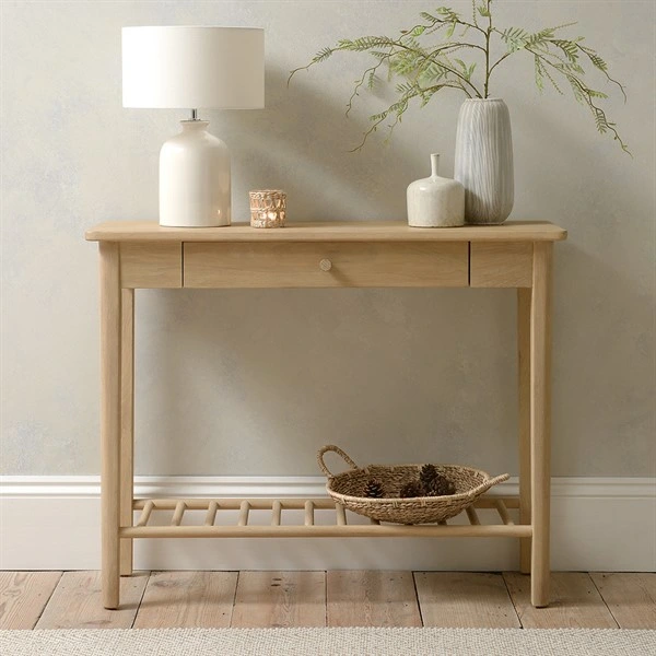 Nordic Natural Solid Oak Modern Wooden Console Table with Storage Shelf and Drawer Contemporary Narrow Hallway Table Living Room Bedroom Dresser Dressing Table