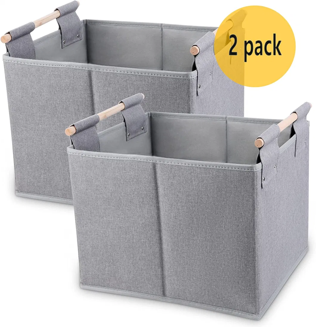 Large Foldable Storage Bins, Linen Fabric, 2 Pack, with Wooden Carry Handles