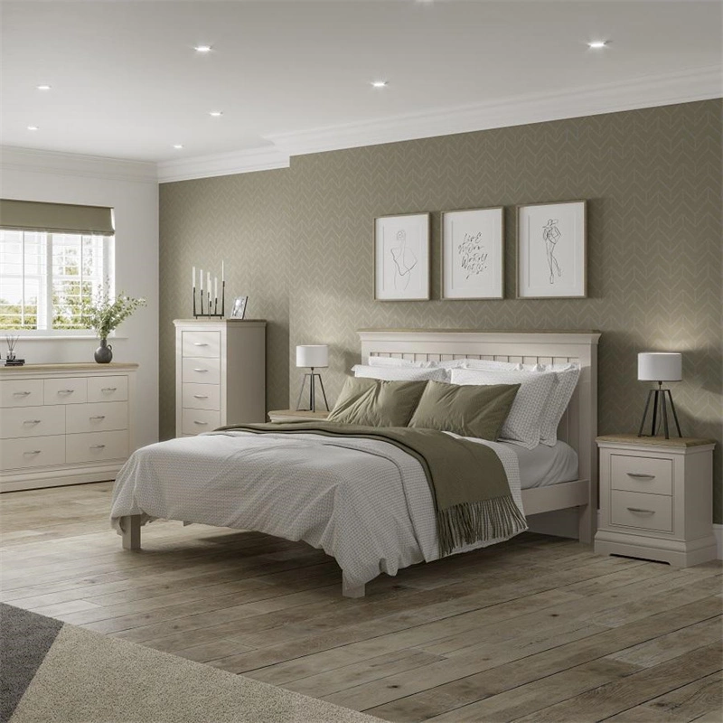Wholesale Modern Nordic Style Home Furniture Solid Oak with MDF Veneer Grey White Painted Bedroom Bed Contemporary Single/Double/Queen King Bed