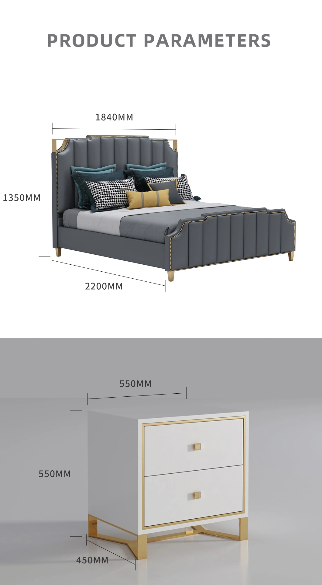 Modern Luxury Home Metal Leather Wooden King Size Bed Bedroom Furniture Sets