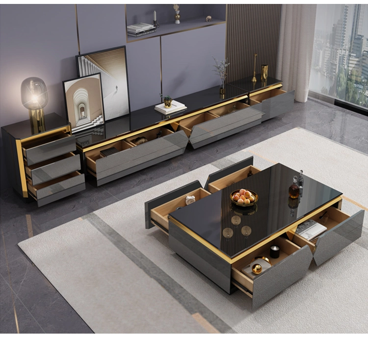 Modern Living Room Furniture Stainless Steel Mirror Glass Coffee Table and TV Stand Sets