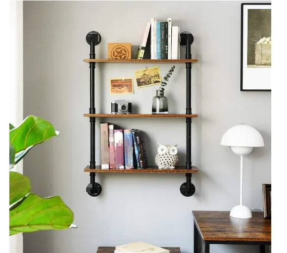 Industrial Pipe Shelves, 3-Tier Rustic Wall Mount Bookcase, Metal Bracket Storage Wall Shelf for Bedroom, Kitchen, Living Room