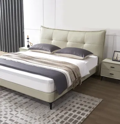 Italiano ligero Lujo suave cuero auténtico cama Diseño minimalista moderno Mobiliario de dormitorio principal de 1,8m habitaciones dobles de gama alta