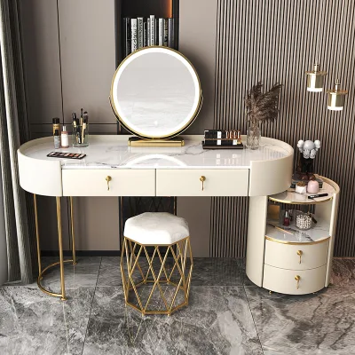 Moderno sencillo Madera sólida Casa / Hotel dormitorio Muebles Maquillaje Dresser Multifuncional Tocador ligero Superior de lujo con espejo y taburete