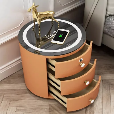  Nueva ronda Dormitorio Nightstands inteligente diseño de luces LED táctil inteligente moderno acabado en cuero Mesilla de noche