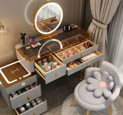 Tocador de madera moderno Nova, muebles inteligentes, dormitorio, mesa de maquillaje, tocador inteligente con espejo LED