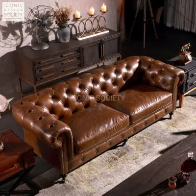  Sofá de cuero genuino estilo Chesterfield clásico hecho a mano con marco de madera antiguo para sala de estar de lujo en hoteles, hogares u oficinas.