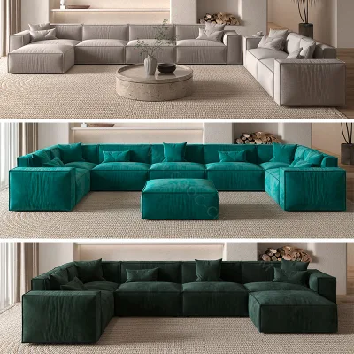Sofá modular en forma de U de estilo italiano moderno con tapizado de terciopelo y cuero para sala de estar de hogar u hotel.