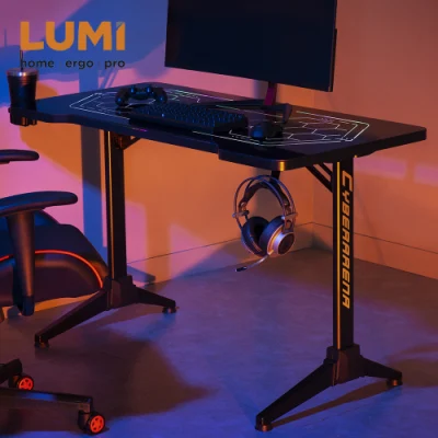  Mesa Gaming para Hogar Mesa Ordenador Ajustable de Pie y Sentado con Iluminación RGB Portabotellas y Percha para Auriculares