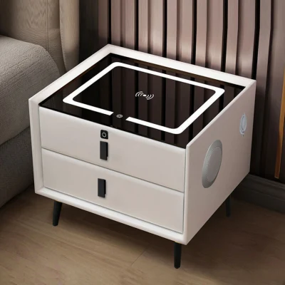  Mayorista moderno Hotel MDF cama mesitas de noche de carga inalámbrica Stand Madera Casa Muebles dormitorio de lujo de madera LED Smart Bedside Tabla
