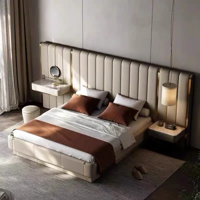  Juego de dormitorio de alta gama Muebles modernos de cuero de lujo Cama doble de cuero tamaño King Size Queen Size para dormir Muebles de dormitorio.