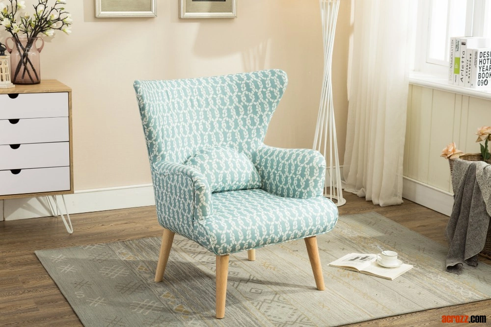 Wingback Solid Wood Flowered Fabric Upholstery Armchair for Living Room
