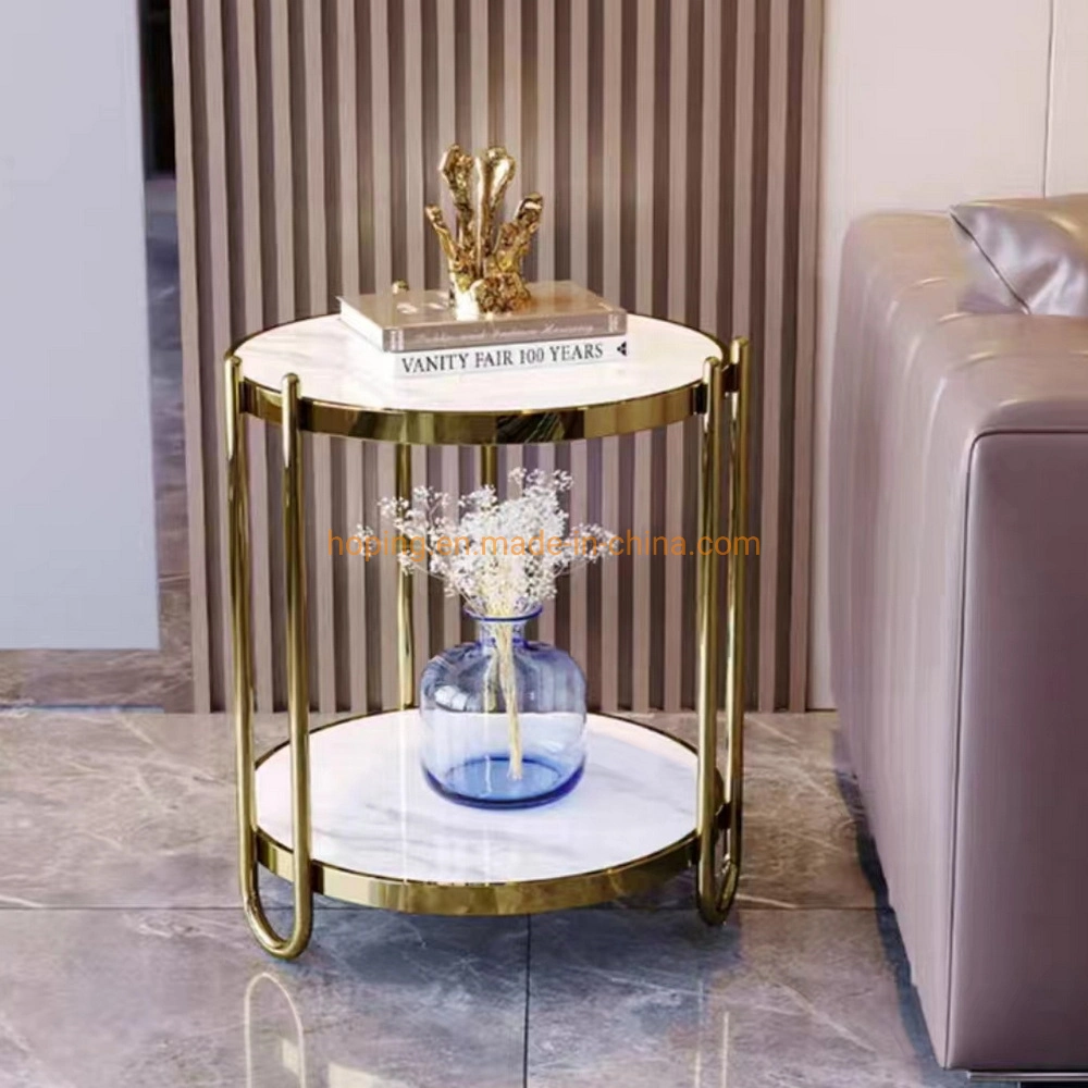 Double Marble Tabletop Side Table Console Table Tea Table Coffee Table with Golden Stainless Steel Frame for Living Room Bedroom Office Hotel