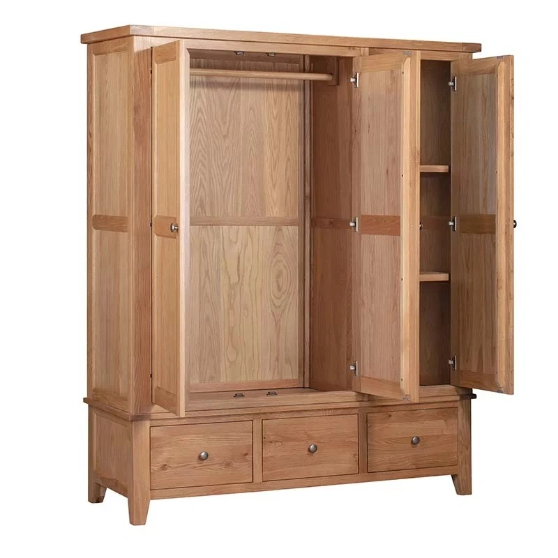 Wholesale Best Seller Large Capacious Light Oak Rustic Wall Wardrobe with 3 Doors and 3 Drawers, Home Bedroom Clothes Organizer Armoire Almirah