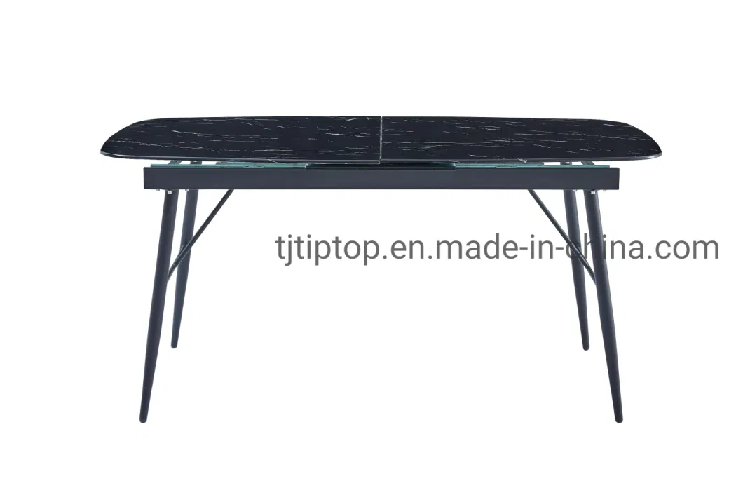 Home Furniture Living Furniture New Design Dining Room Table Tempered Glass Rectangle Top Extension Dining Table with Black Powder Coating Dining Table