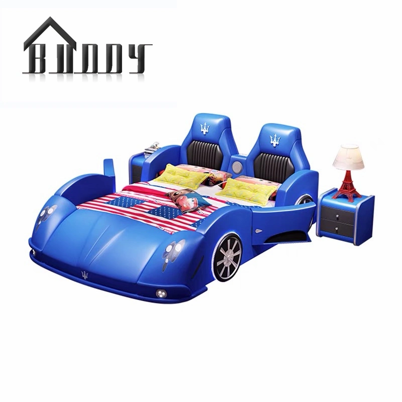 Light Luxury Car Design Children Bed Modern Leather Wooden Cartoon Car Bed Modern Kids Bedroom Furniture with LED Light and Music