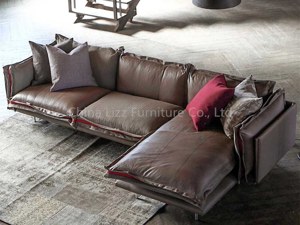 Modern Simple Feather-Filling L Shape Sectional Corner Leather Sofa