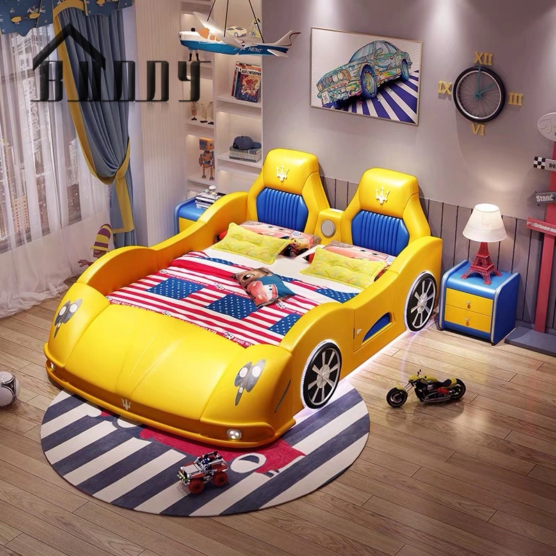 Light Luxury Car Design Children Bed Modern Leather Wooden Cartoon Car Bed Modern Kids Bedroom Furniture with LED Light and Music