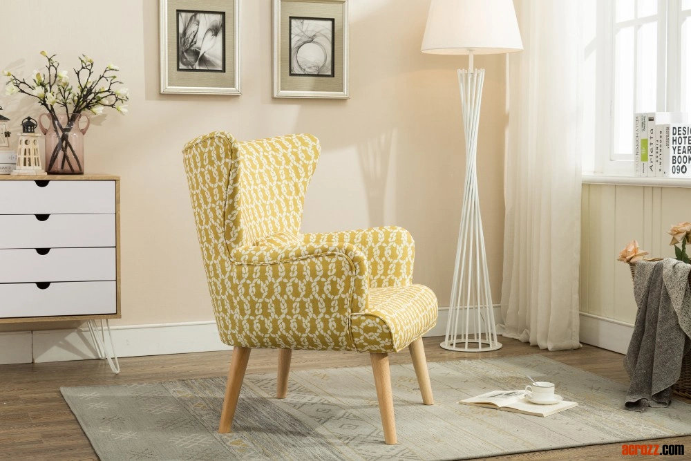 Wingback Solid Wood Flowered Fabric Upholstery Armchair for Living Room