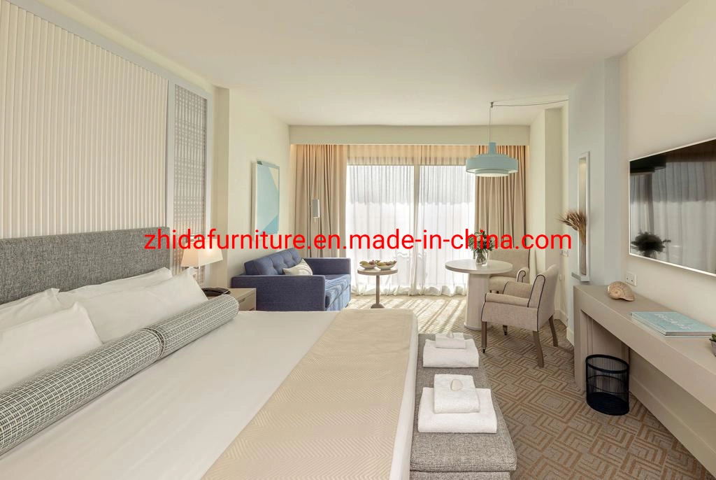 Modern Customized Finishing Seaside Vacation Hotel Furniture Apartment Living Room Fabric Sofa Villa Bedroom King Size Bed Furniture with Mirror Headboard Wall