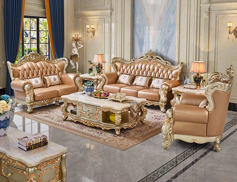 Timeless Royal Leather Sofa with Handcrafted Wood Carvings for Elegant Living Spaces