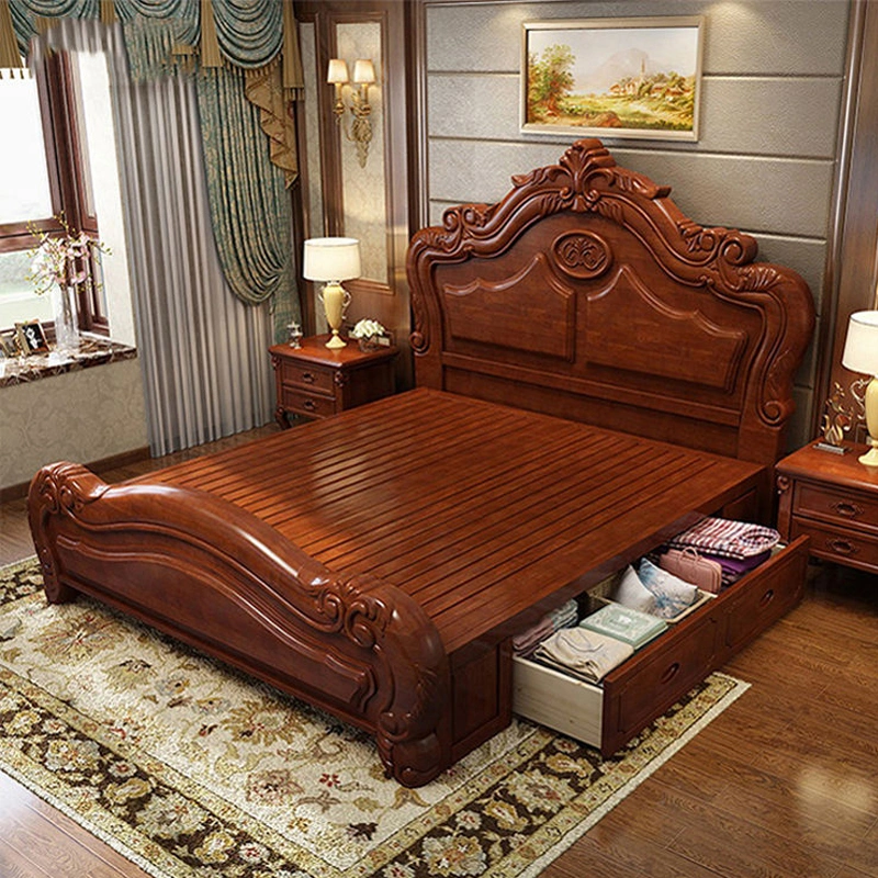 Bedroom Furniture Villa Luxury Design Wood Round Leather Queen Size Bed Set Bed