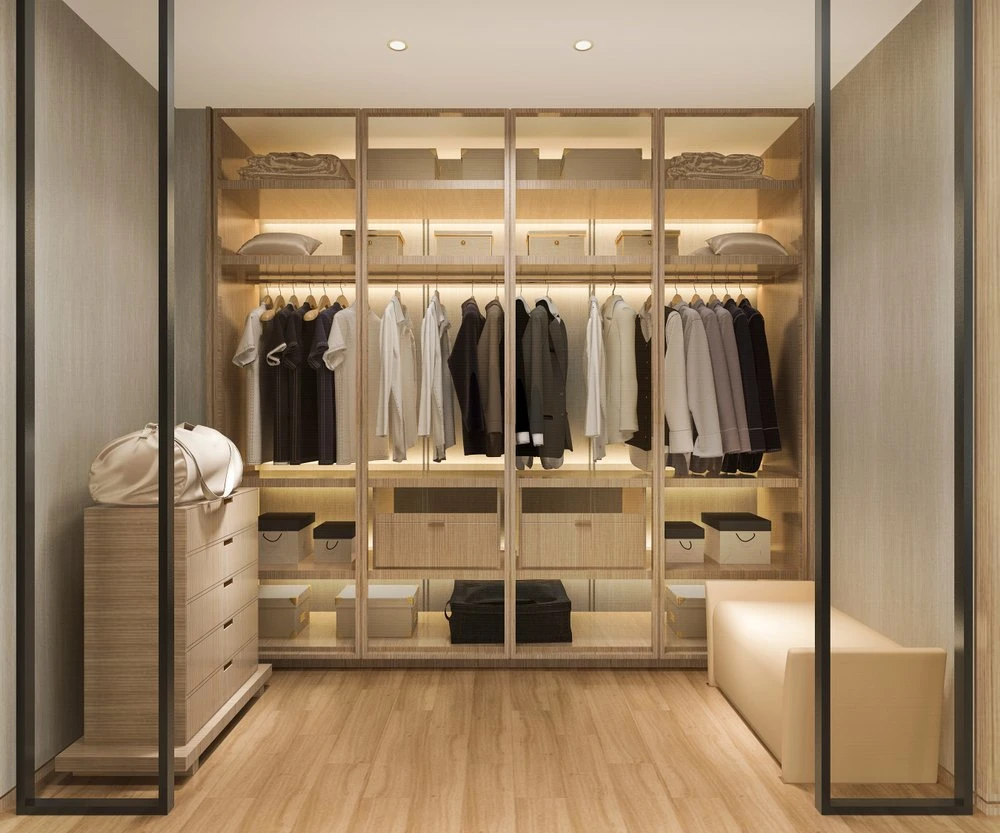 Prima Modern Bedroom Man Walk in Closet Custom Lightings Wardrobe